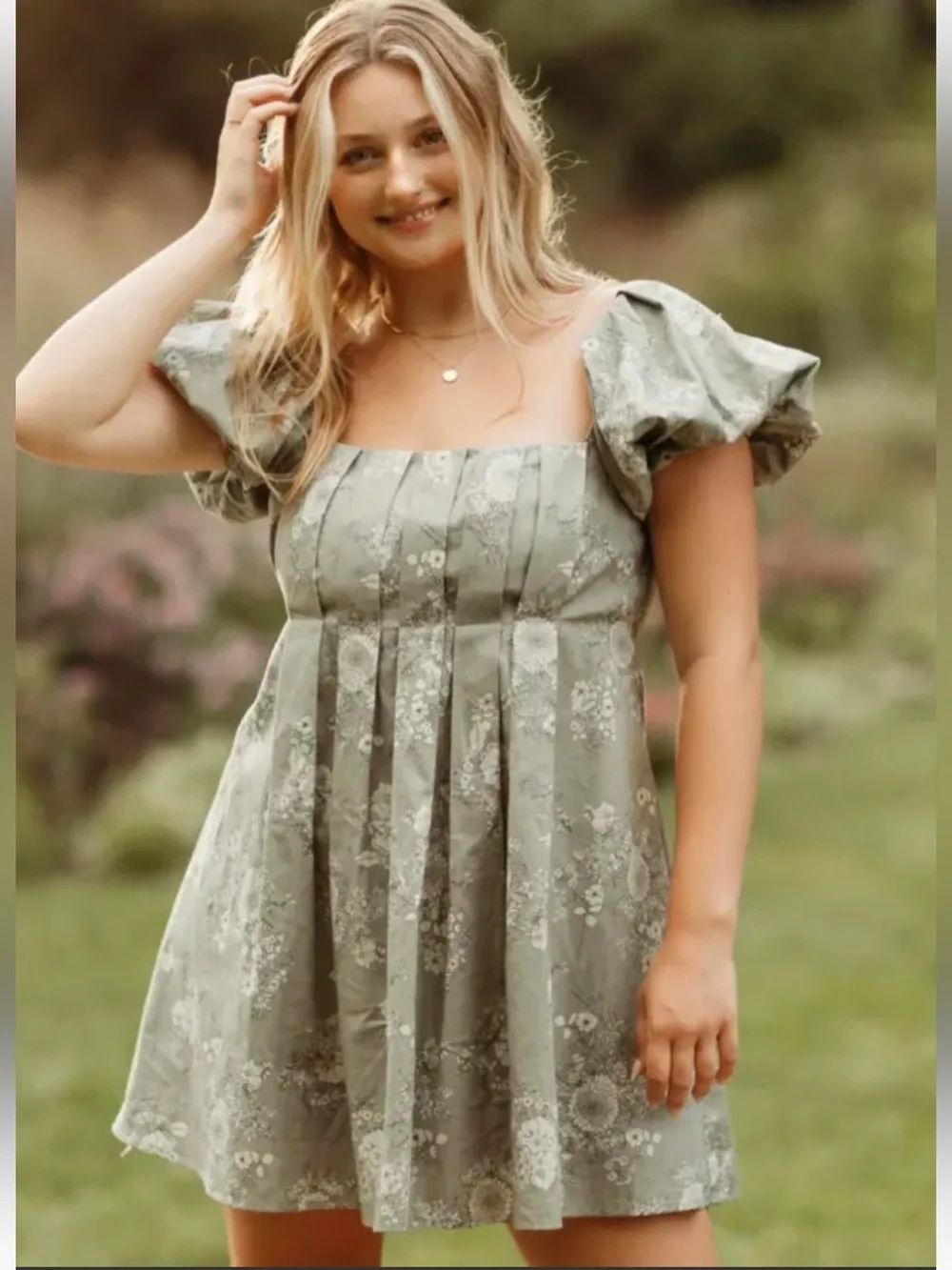 Altar'd State babydoll dress ,dusty sage green floral & puff sleeves, size XS.